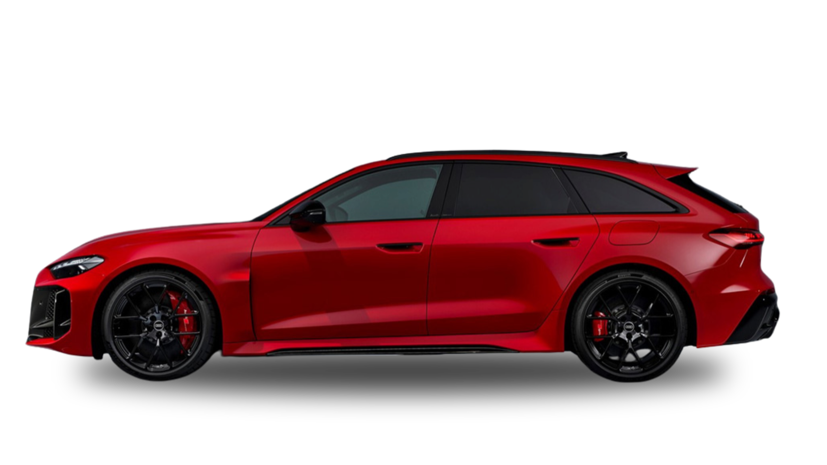 Audi RS5 Sportback rouge passion vue de côté, jantes noires diamantées