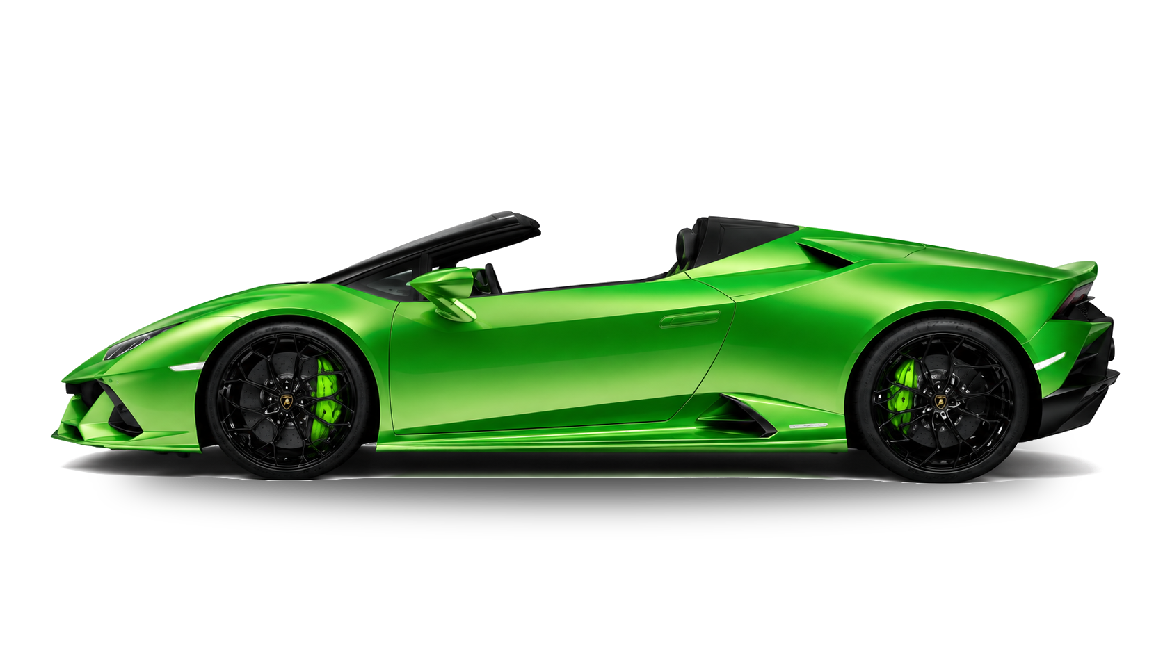 Lamborghini Huracán Spyder vert pomme vue de côté, capote ouverte