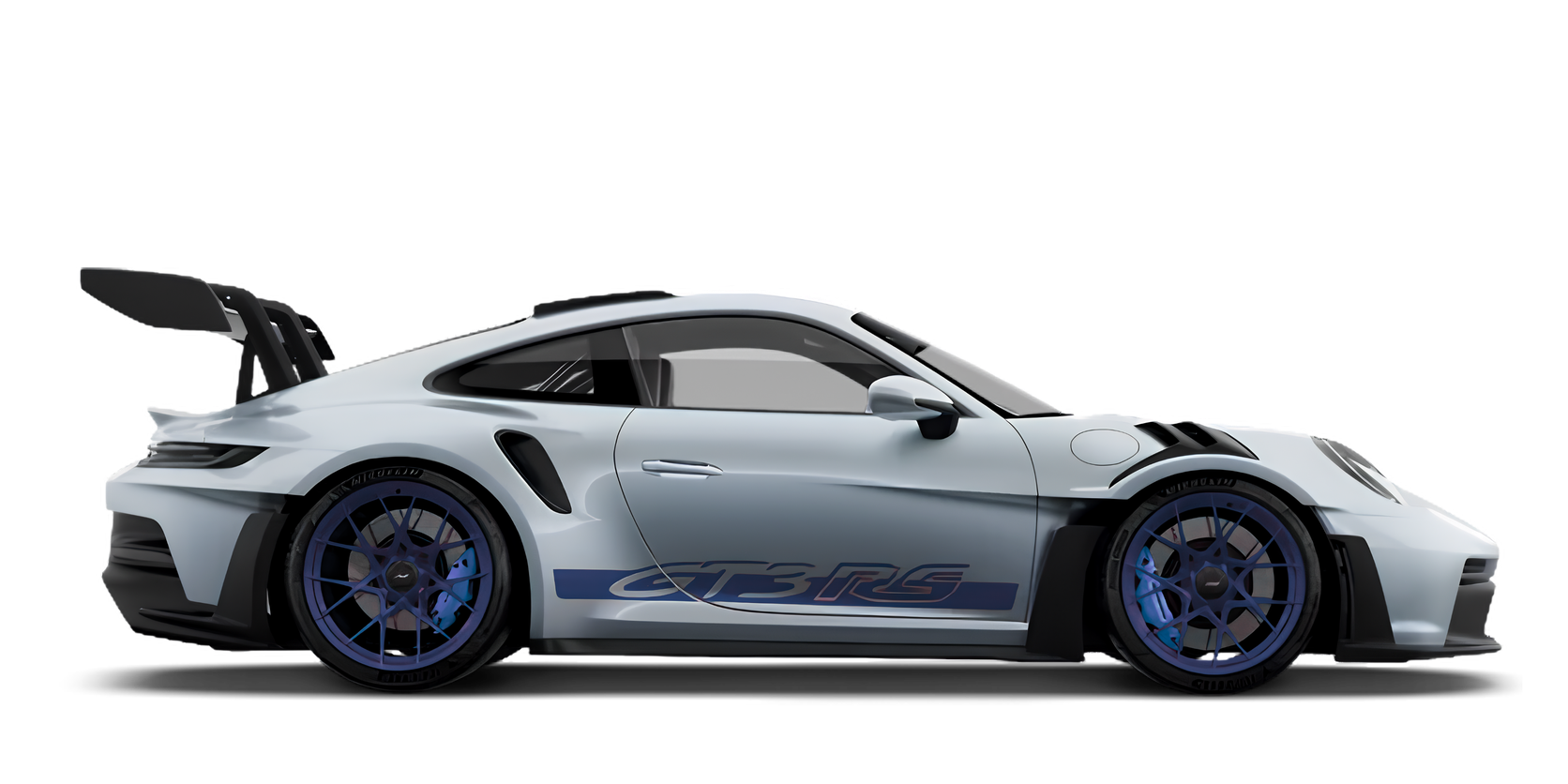Porsche 911 GT3 RS gris jantes bleues, aileron col de cygne