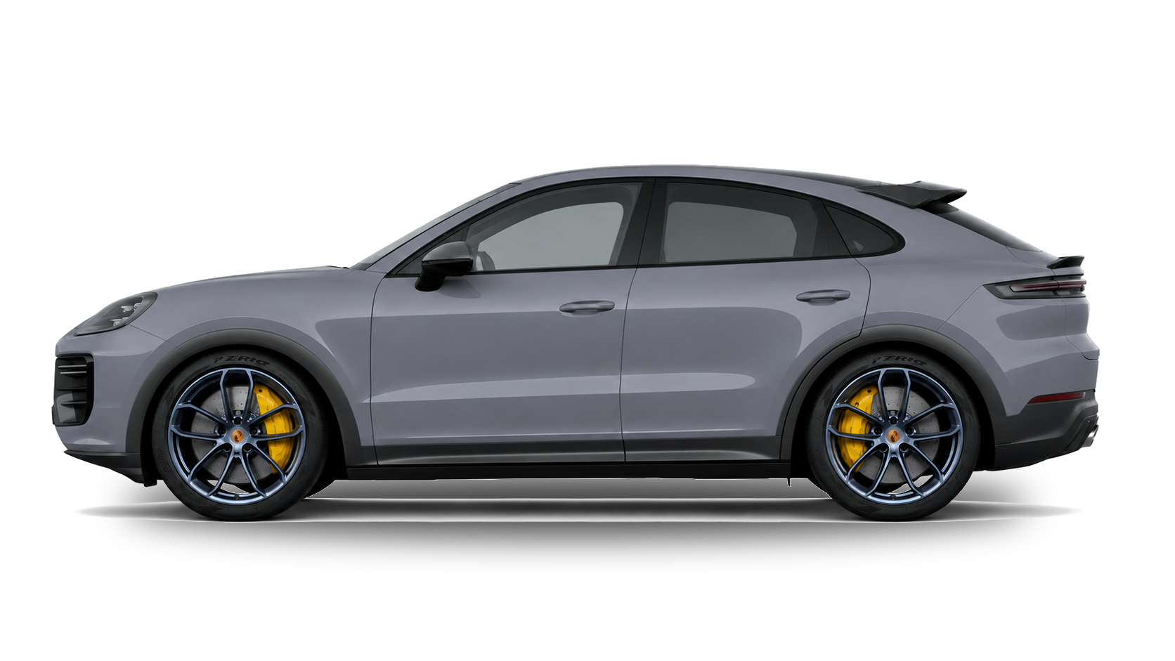 Porsche Cayenne Turbo GT gris Arctic vue de côté, jantes 22 pouces bleues